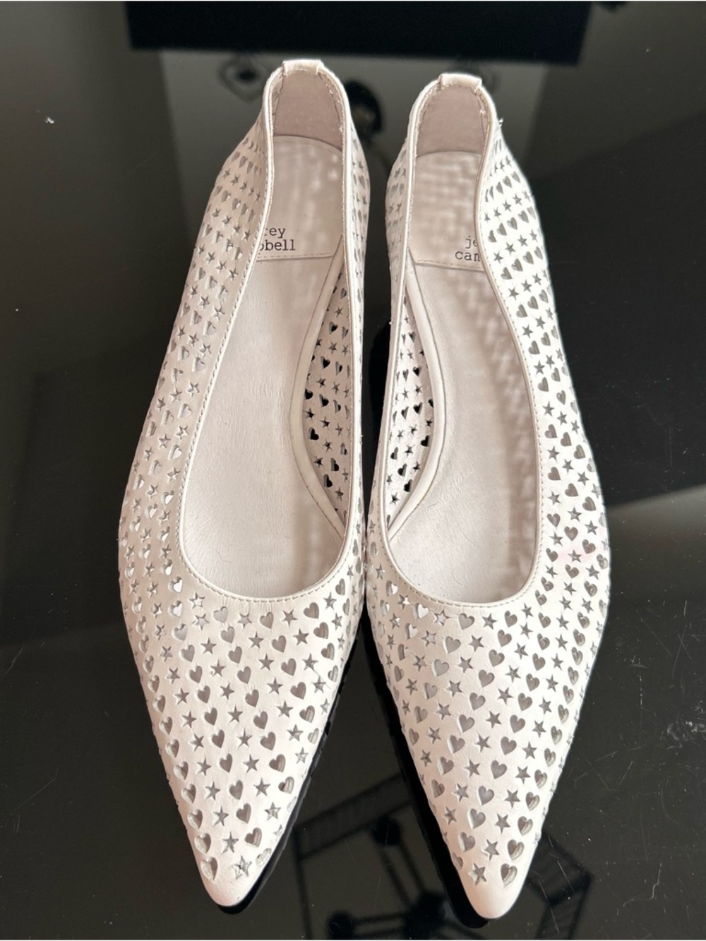 Jeffrey Campbell White Pointed Ballet Flats with Star & Heart Cutouts